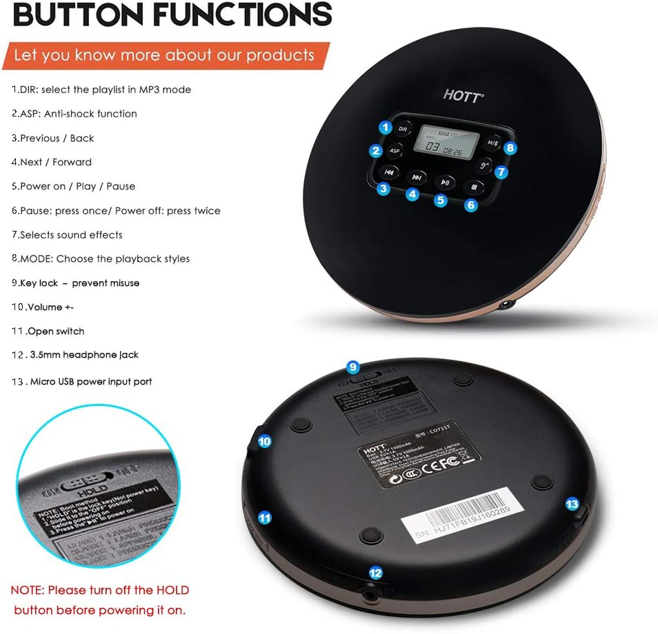 Portable Bluetooth CD Player Rechargeable Black Q9646