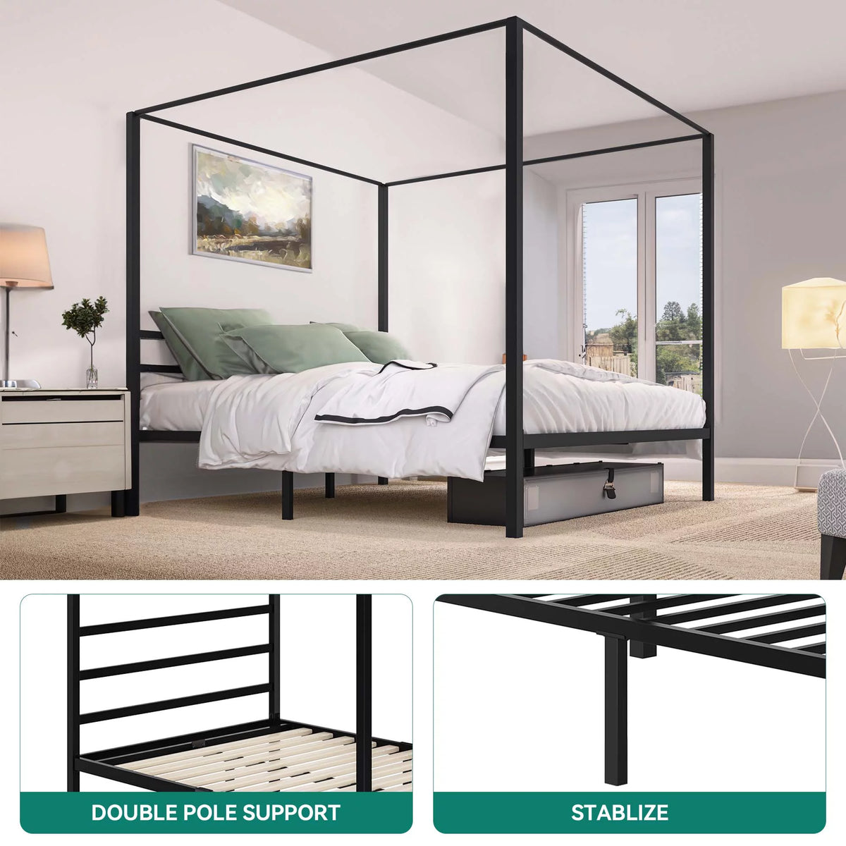 Black King Size Canopy Bed Frame with Headboard X321