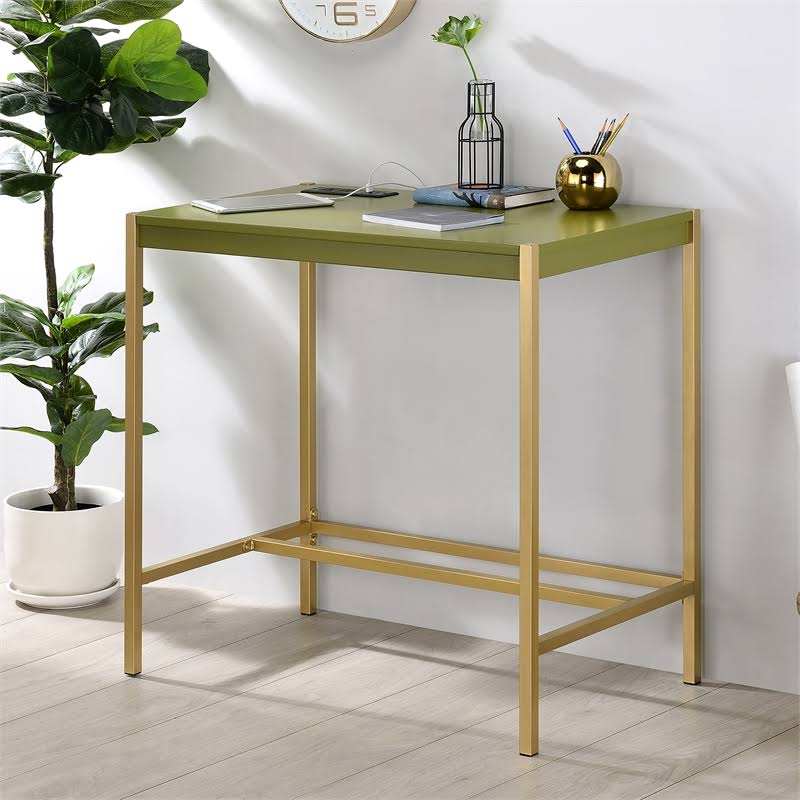 Olive and Gold Wood Writing Desk with USB Port V4213