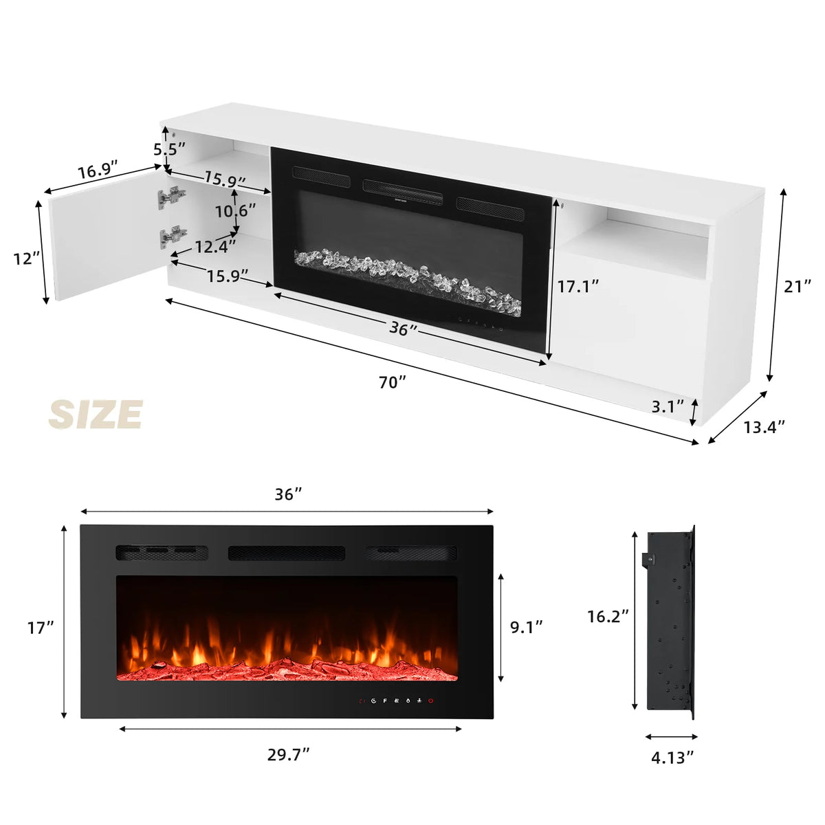 White 70'' TV Stand with 36'' Electric Fireplace J162612