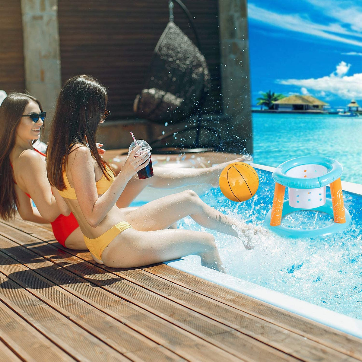 Lilac Inflatable Pool Volleyball Net Set Basketball Hoop with 2 Balls Large Size Outdoor Pool Games N381230