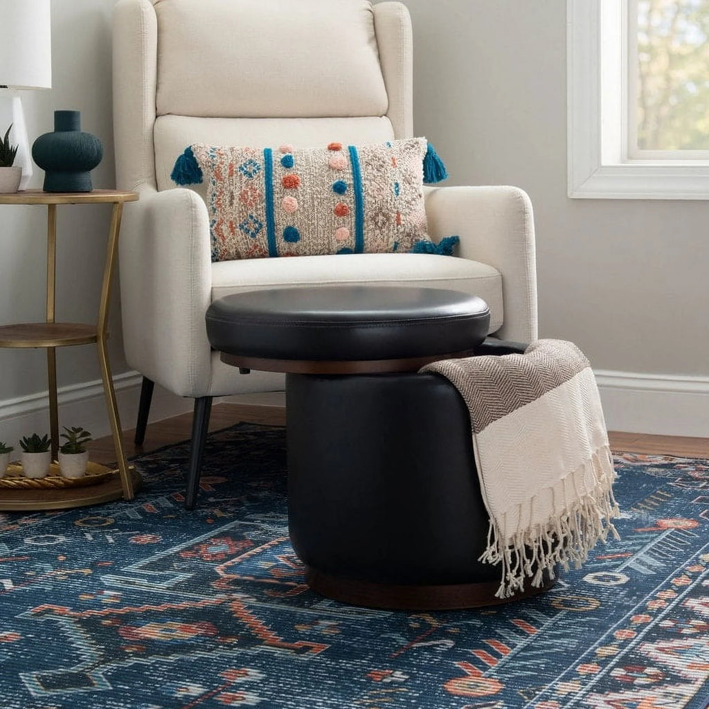 Faux Leather Round Storage Ottoman H41203