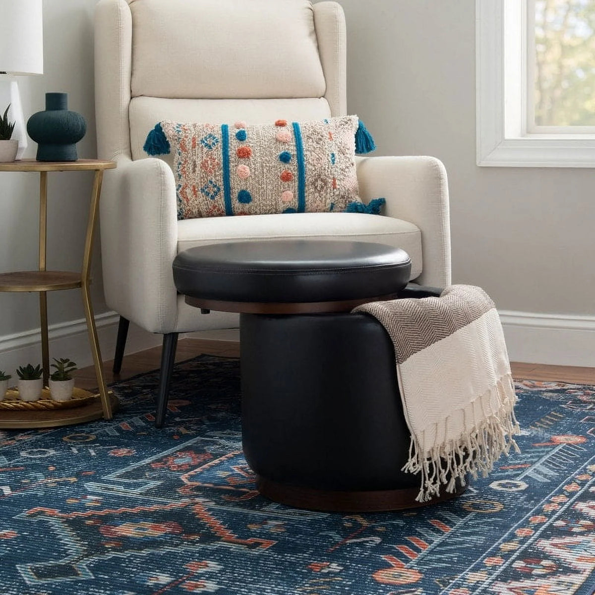 Faux Leather Round Storage Ottoman H41203