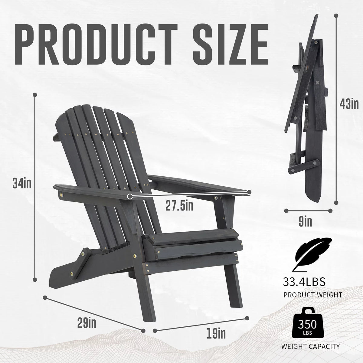 Folding Adirondack Chair Weather Resistant Wood Patio Chair Grey Z642