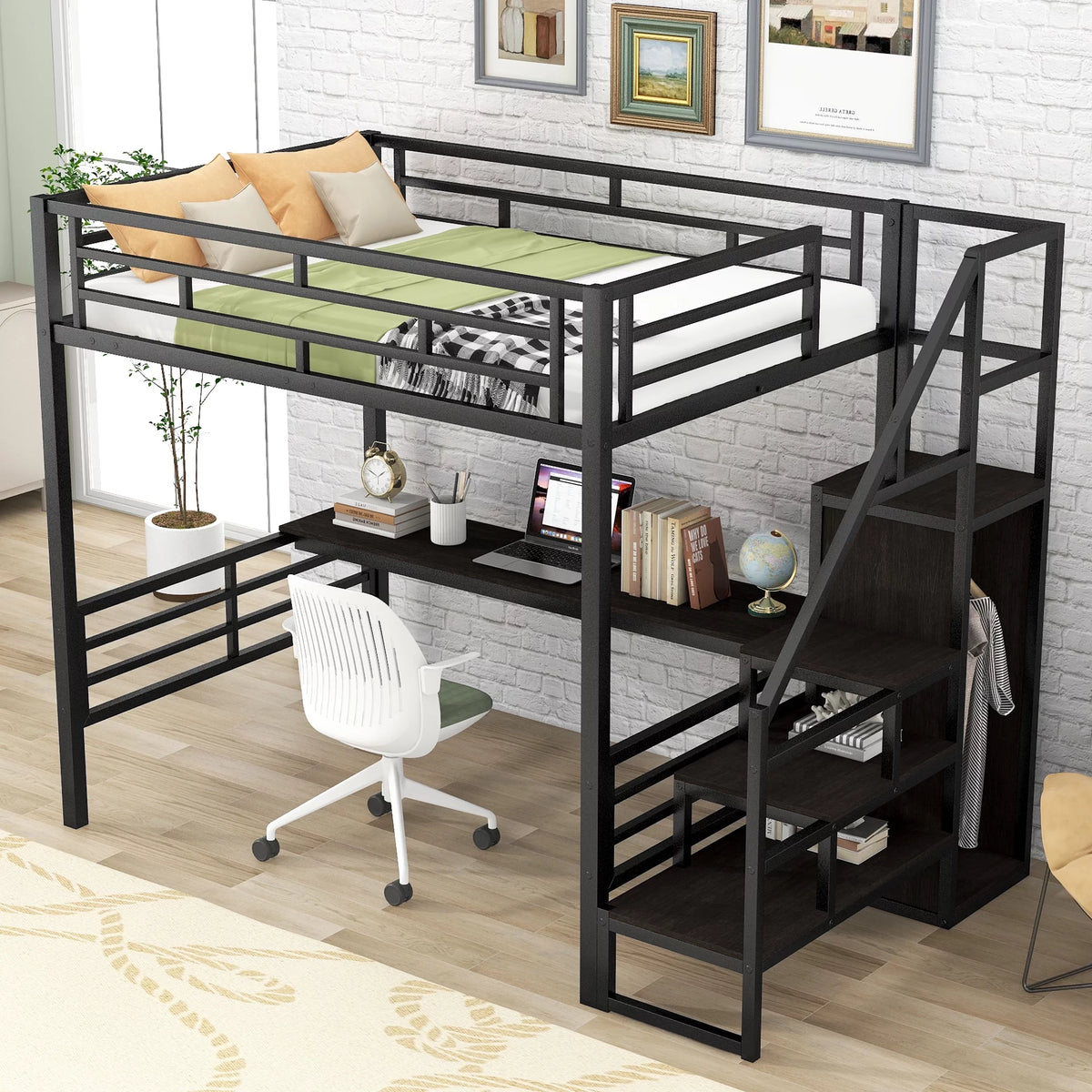 Full Size Black Metal Loft Bed with Storage Staircase and Desk V32560