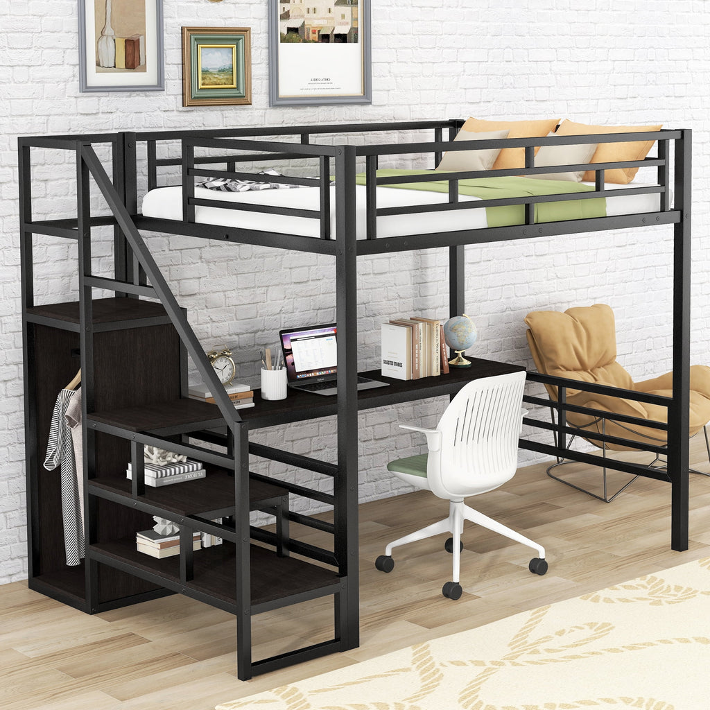 Full Size Black Metal Loft Bed with Storage Staircase and Desk V32560