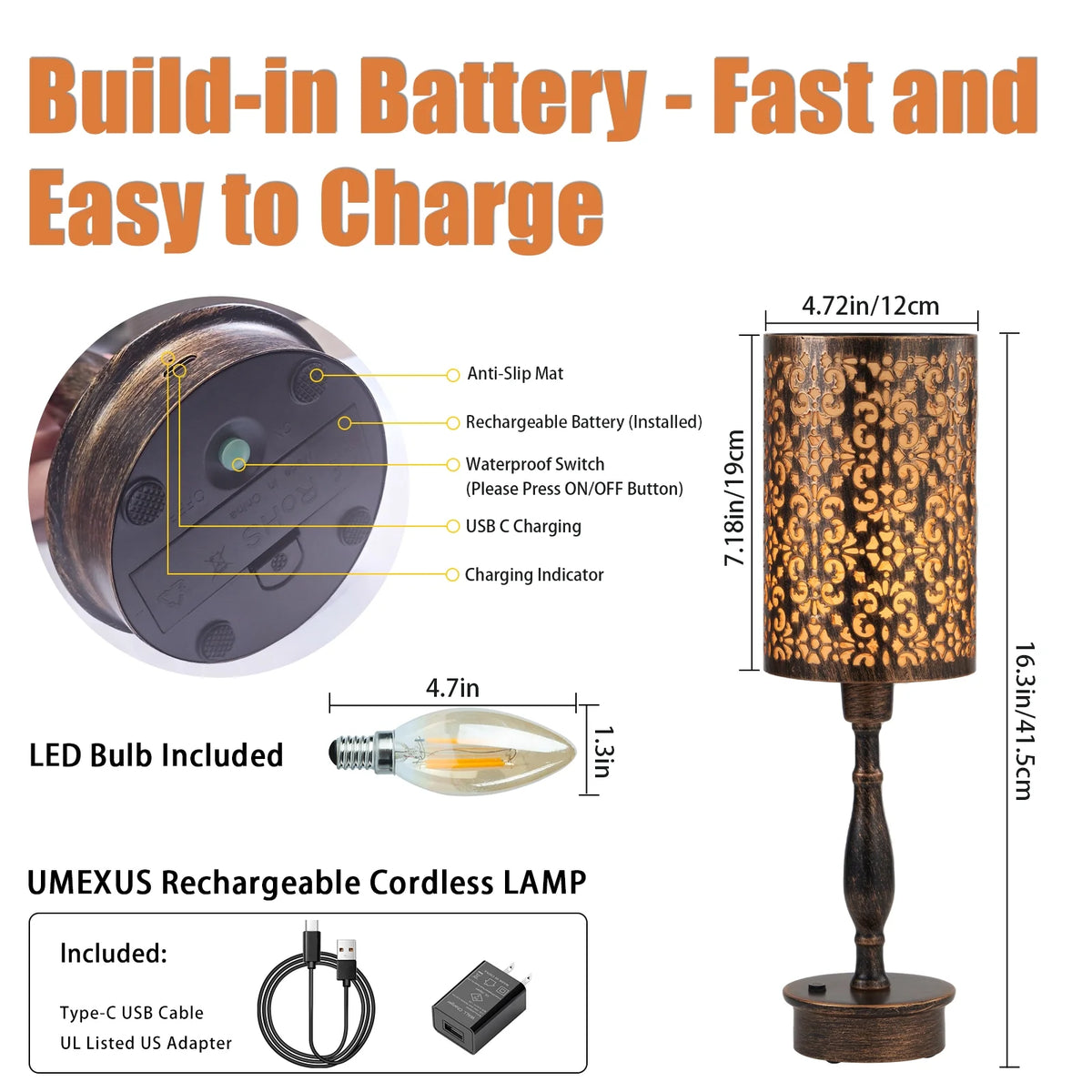 16.5'' Metal Cordless Rechargeable Touch Control Dimmable Table Lamp I6449