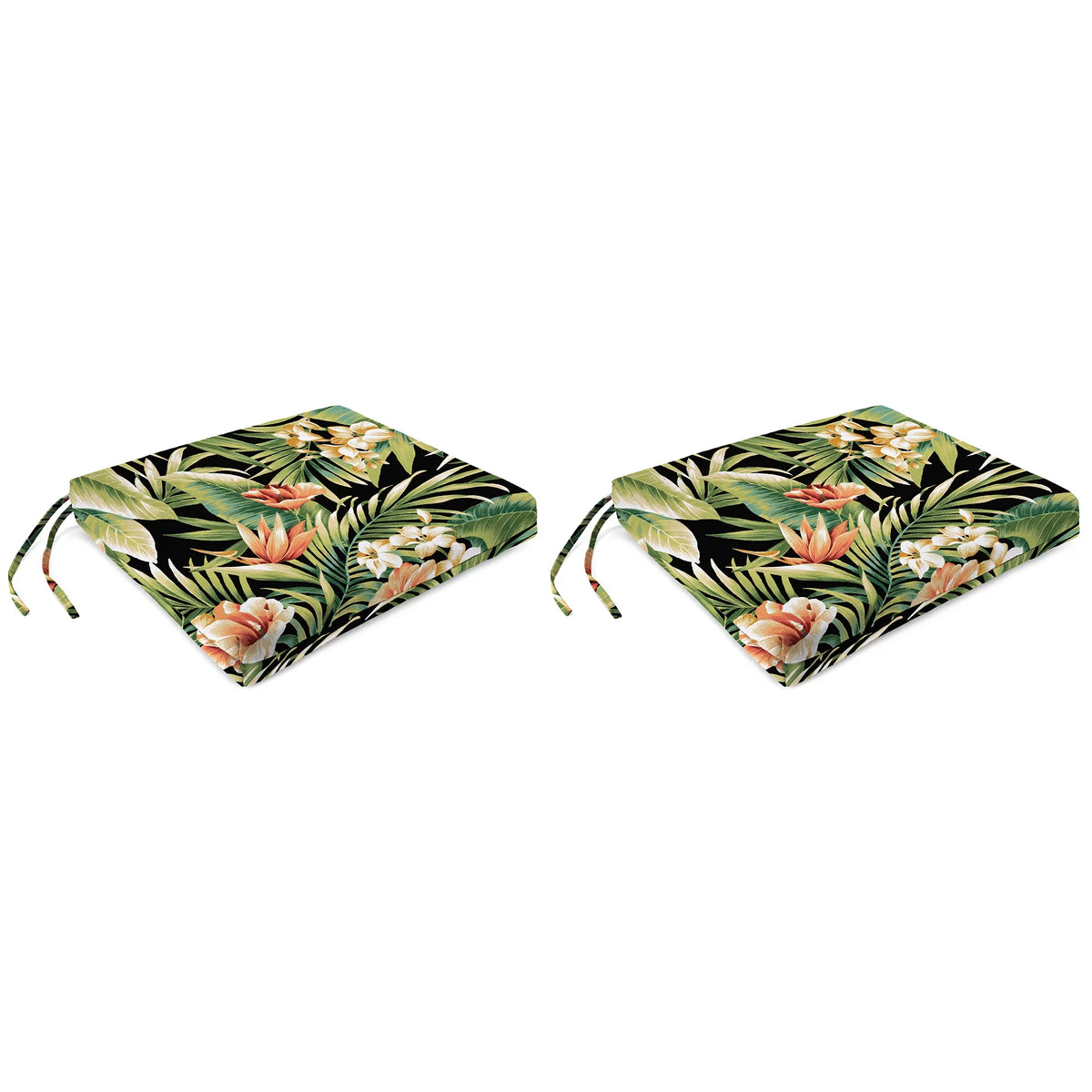 Black Leaves Rectangular Outdoor Chair Pad Seat Cushion with Ties, 2 Pack F33843