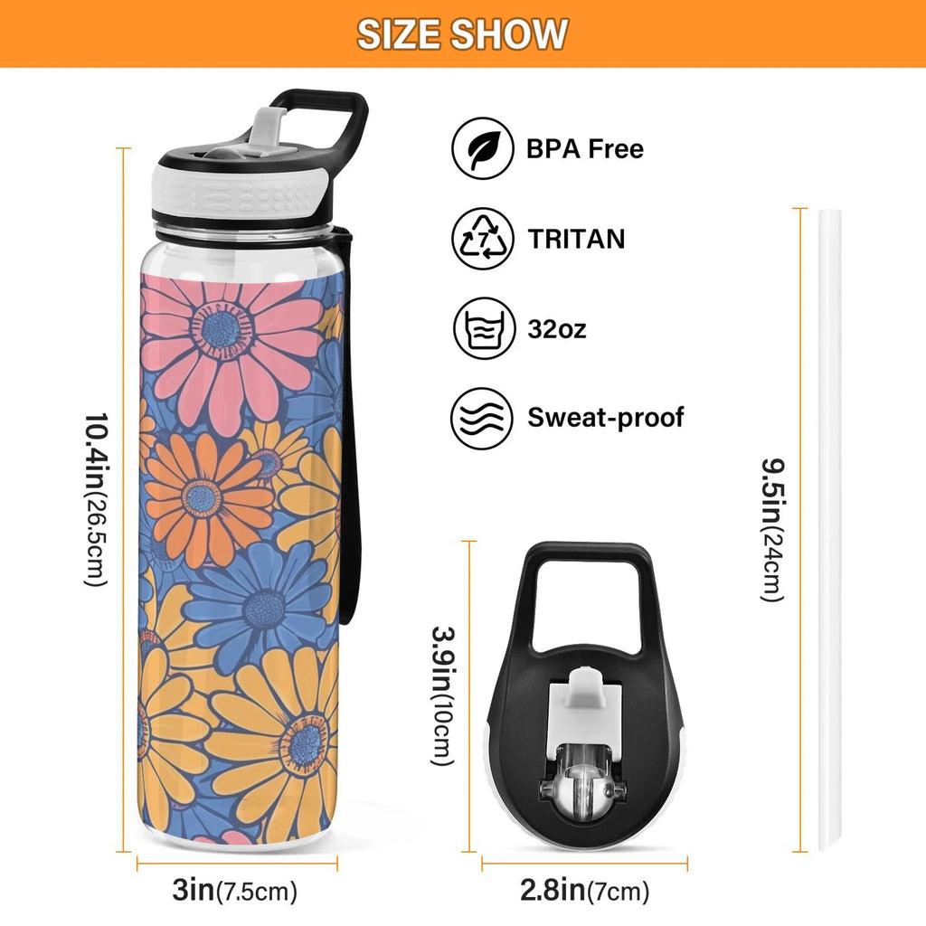 Blue and Pink Flowers 32oz Tritan Sports Water Bottle with Straw Q283