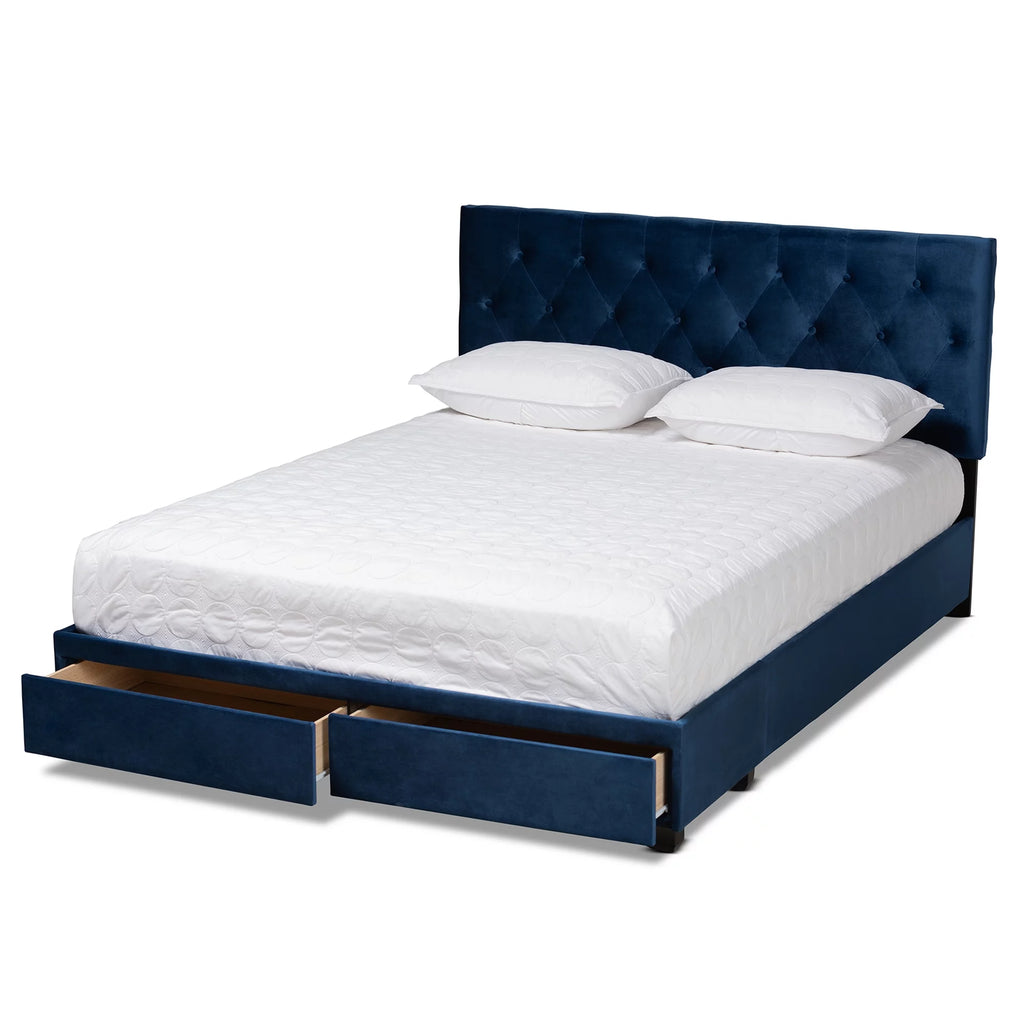Navy Blue Velvet Upholstered 2-Drawer King Size Platform Storage Bed L2978