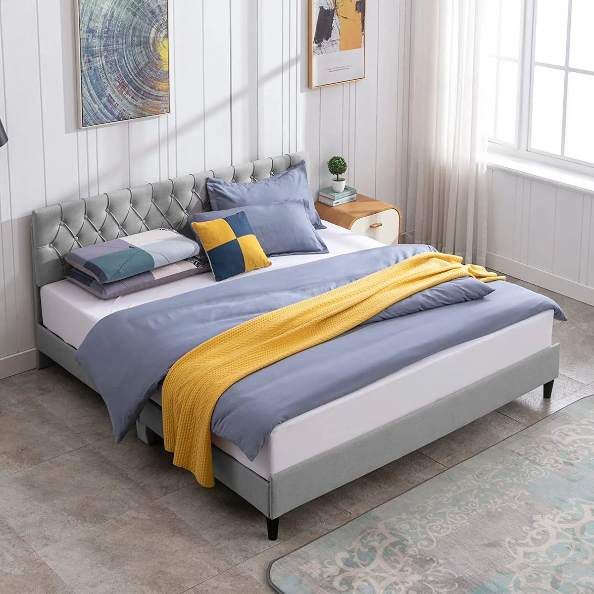 King Size Upholstered Linen Platform Bed Frame with Tufted Headboard X403