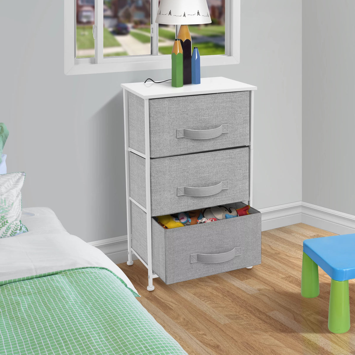3 Drawer Nightstand with Fabric Bins J705673