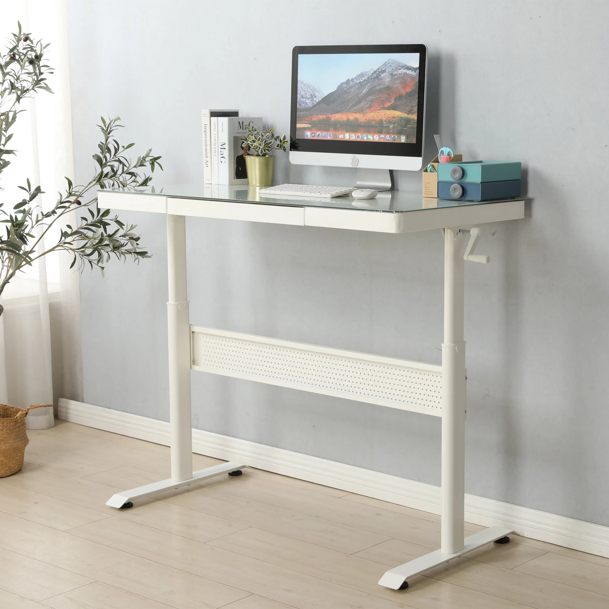 Tempered Glass Adjustable Height Standing Desk with Metal Drawer D13738