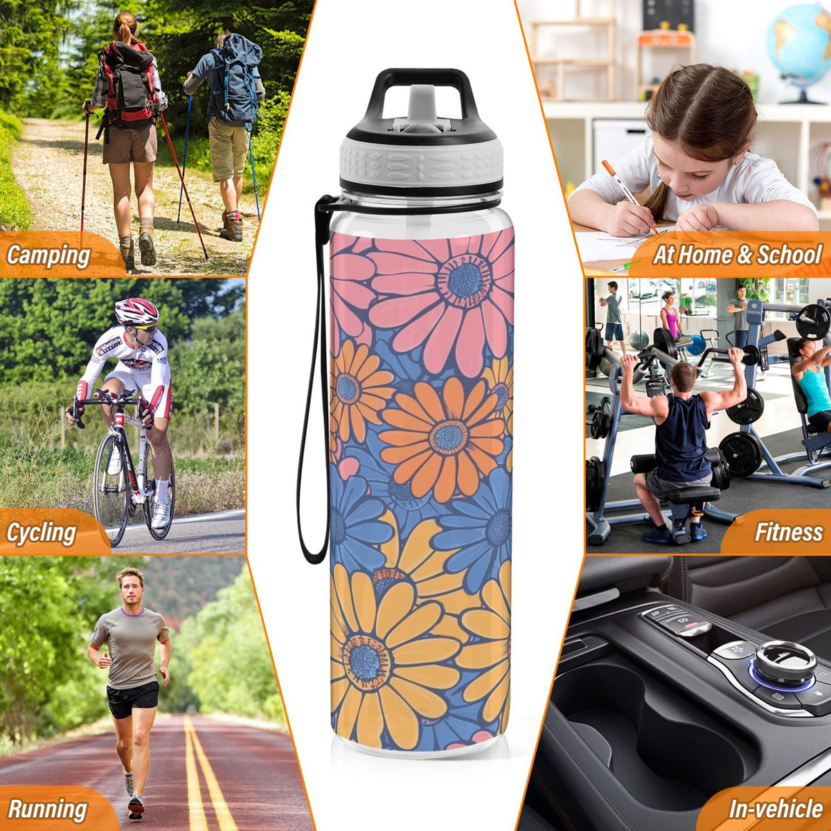 Blue and Pink Flowers 32oz Tritan Sports Water Bottle with Straw Q283