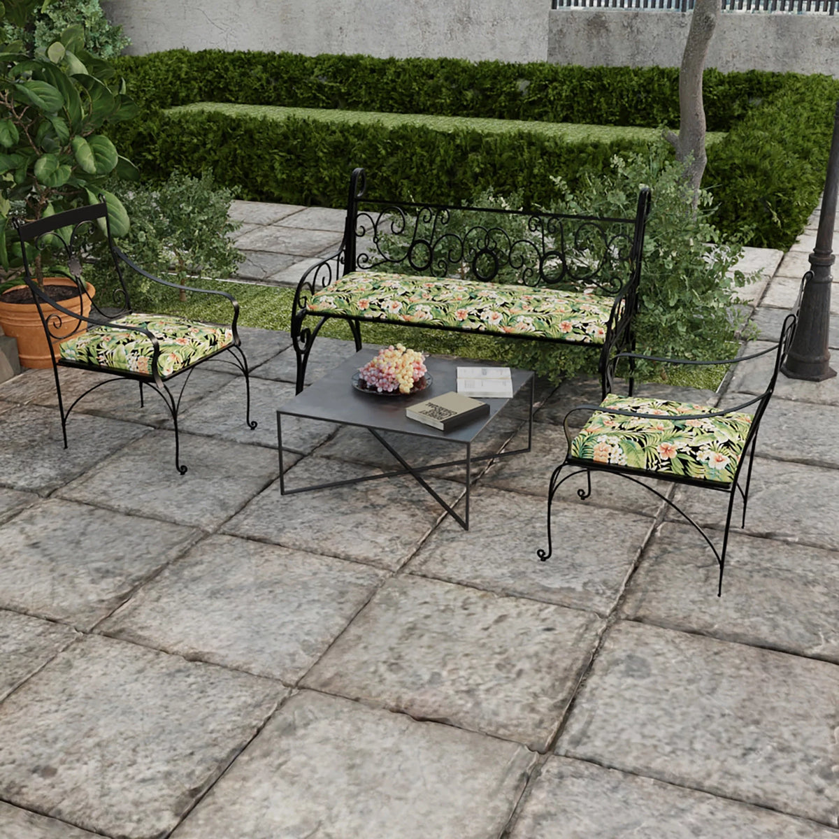 Black Leaves Rectangular Outdoor Chair Pad Seat Cushion with Ties, 2 Pack F33843