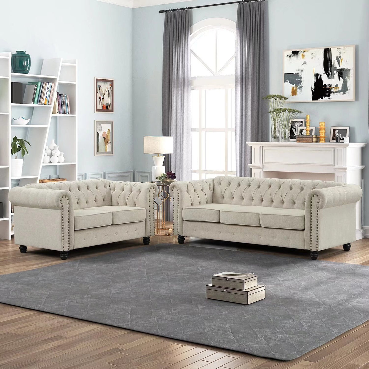 Tufted Upholstered Chesterfield Loveseat and Sofa 2 PCS Fabric Linen Beige M449953