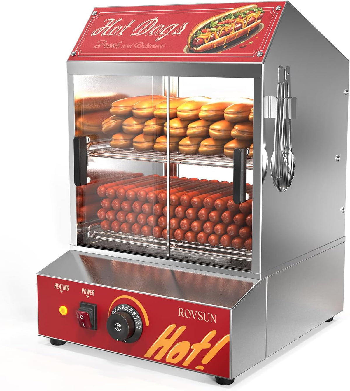 2-Tier Hot Dog Steamer, 30L, 175 Hot Dogs & 40 Buns Capacity, Removable Shelves, Glass Door G100