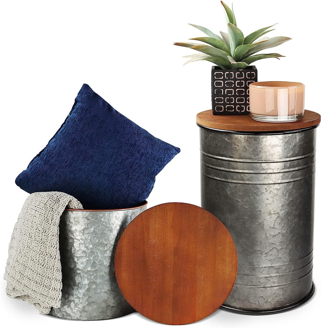 2pk Galvanized Metal Barrel Side Table Ottoman Set J447