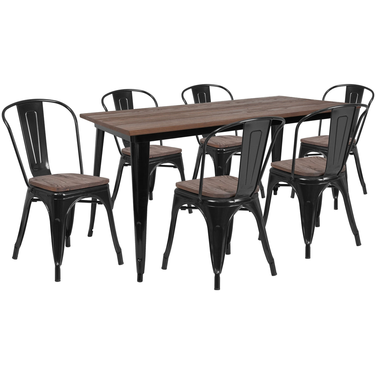 Metal Table Set with Wood Top and 6 Stack Chairs Black I980