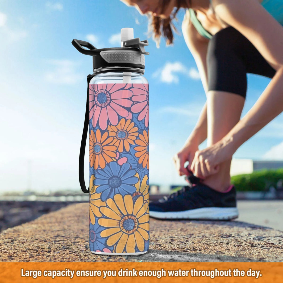 Blue and Pink Flowers 32oz Tritan Sports Water Bottle with Straw Q283