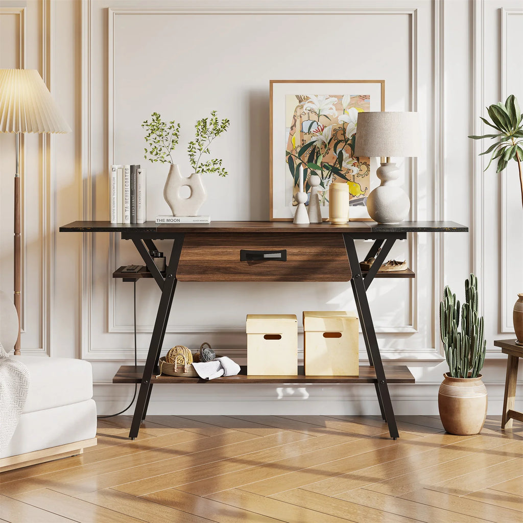 60" 3 Tier Walnut Console Table with LED Lights L24954