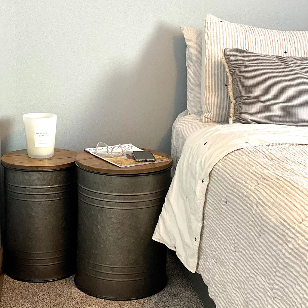 2pk Galvanized Metal Barrel Side Table Ottoman Set J447