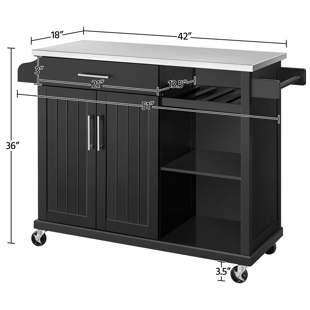 Black Kitchen Island Cart on Wheels with Stainless Steel Top and Open Shelves F367