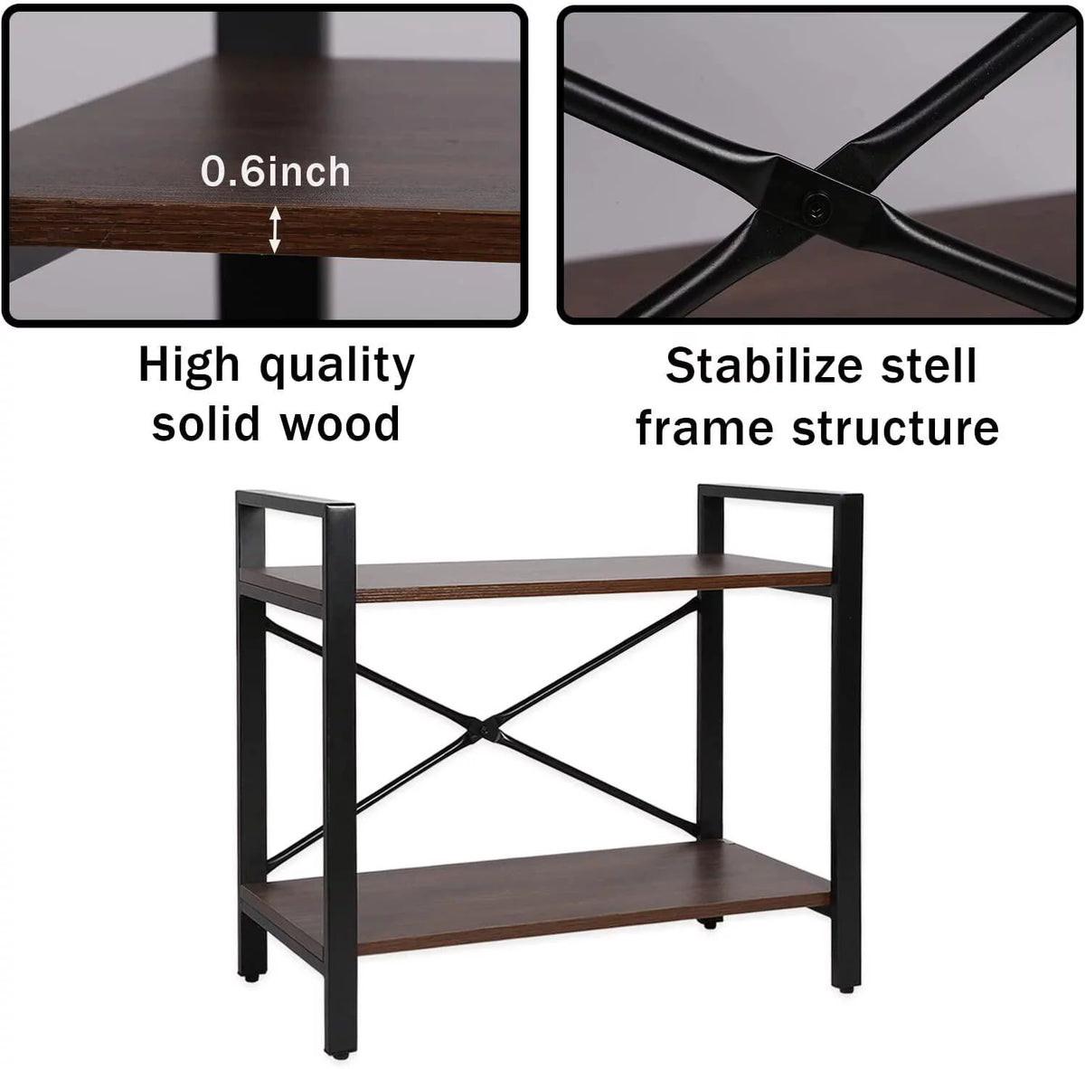 2-Tier Ash Grey Wood Bookshelf with Metal Frame O361983