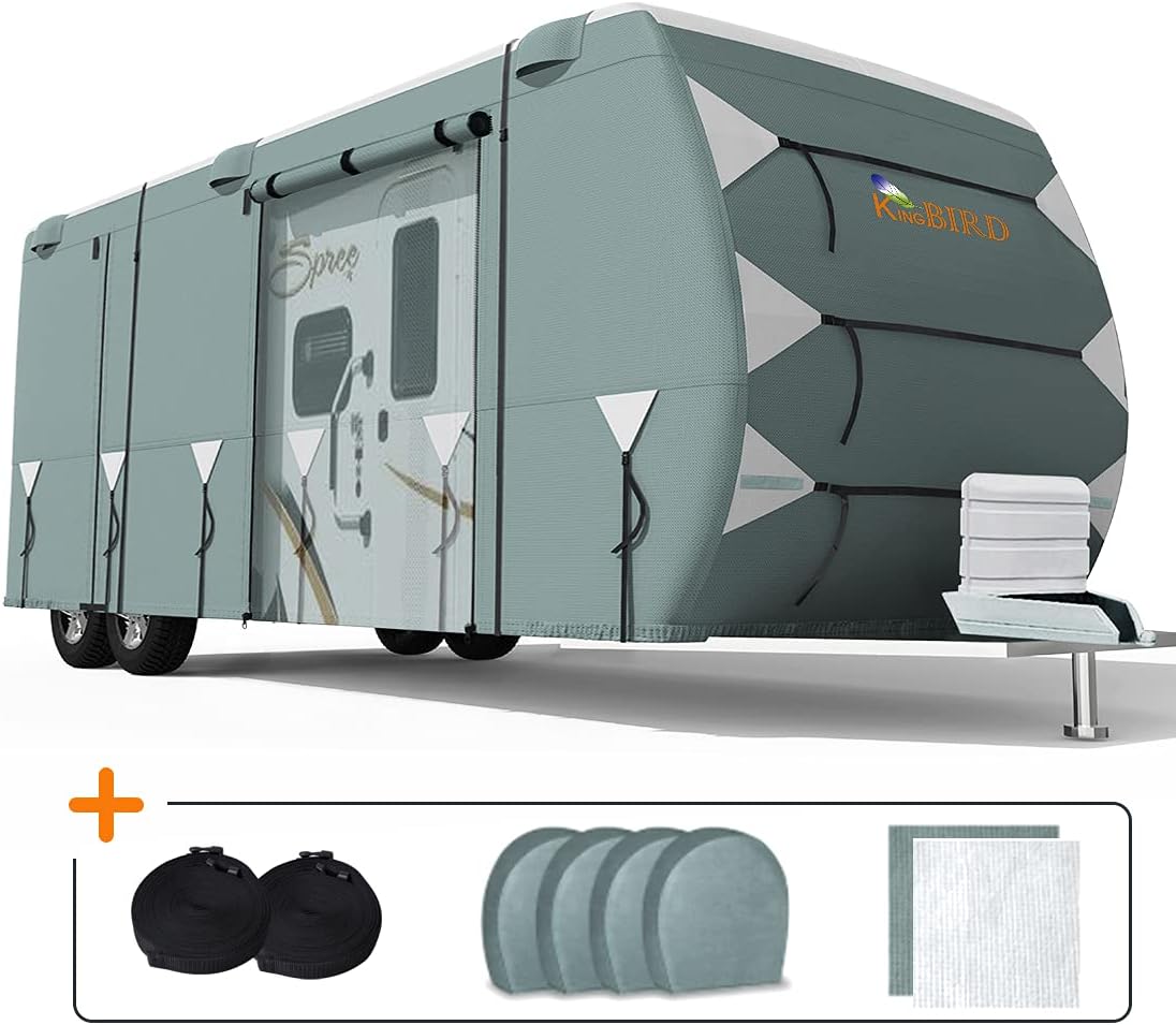 Extra-Thick 5 Layers Waterproof RV Cover with 2Pcs Straps & 4 Tire Covers C8631