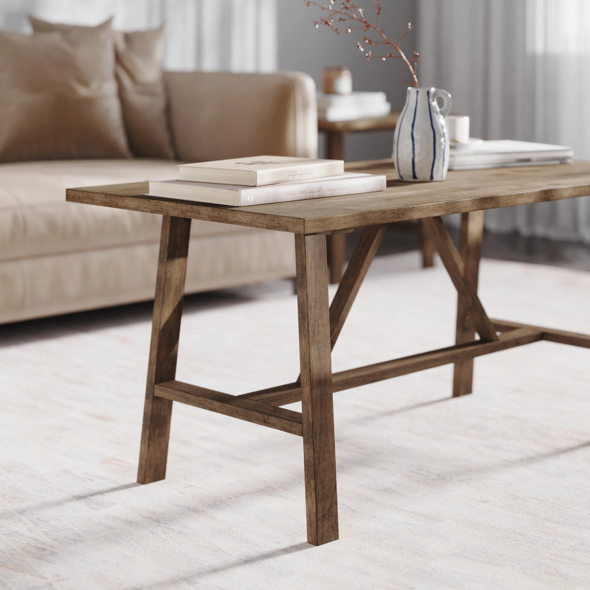 Solid Wood Trestle Coffee Table in Rustic Brown C260451