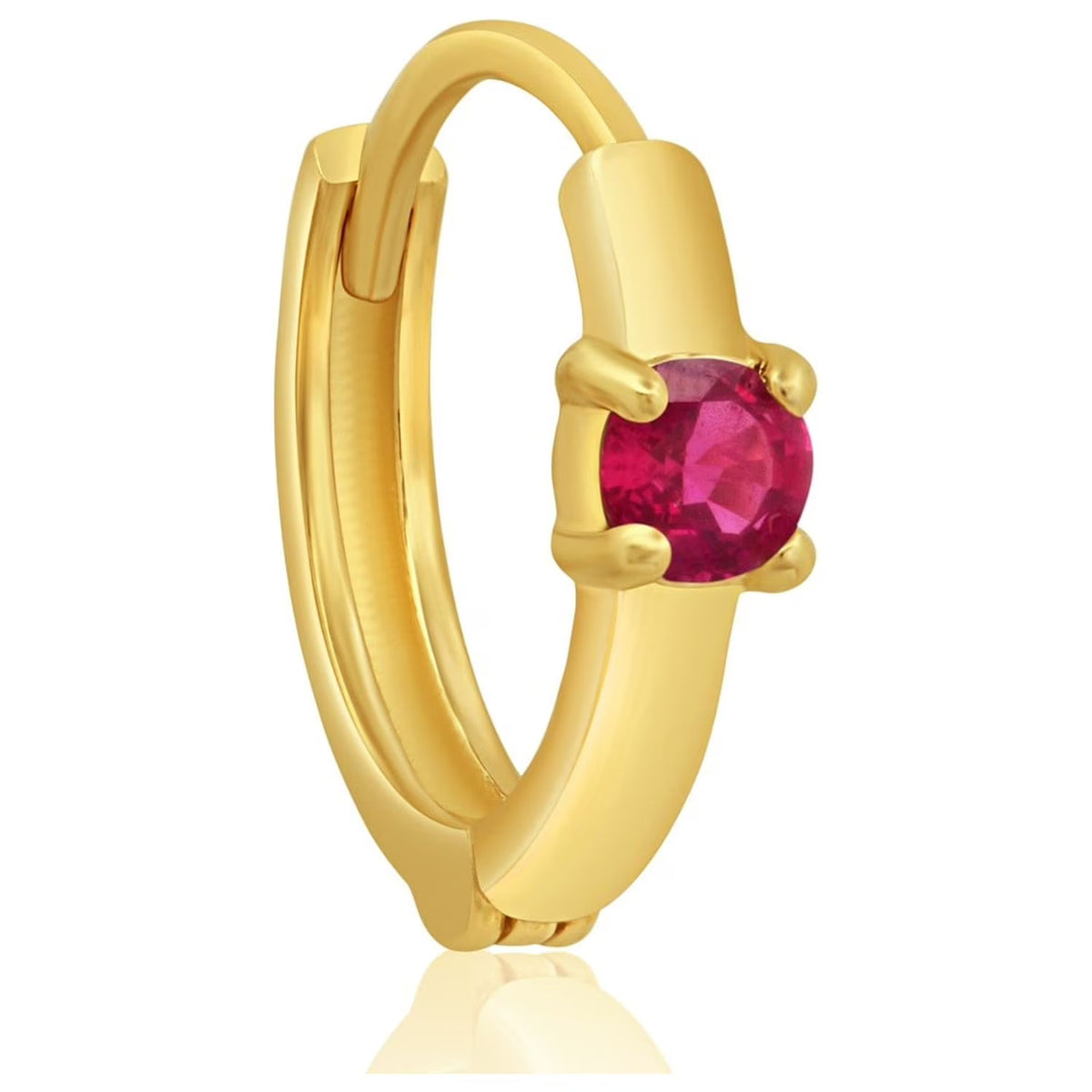 Red Ruby 11mm Huggie Hoop Earring in 14k Yellow Gold with Hidden Clip Closure F890345
