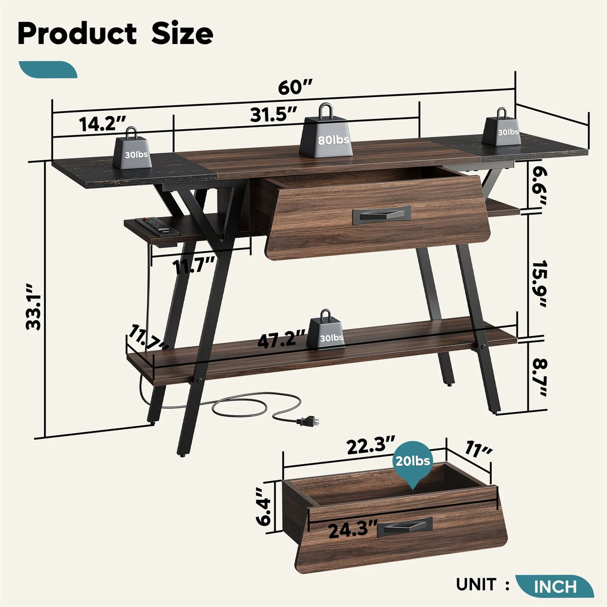 60" 3 Tier Walnut Console Table with LED Lights L24954