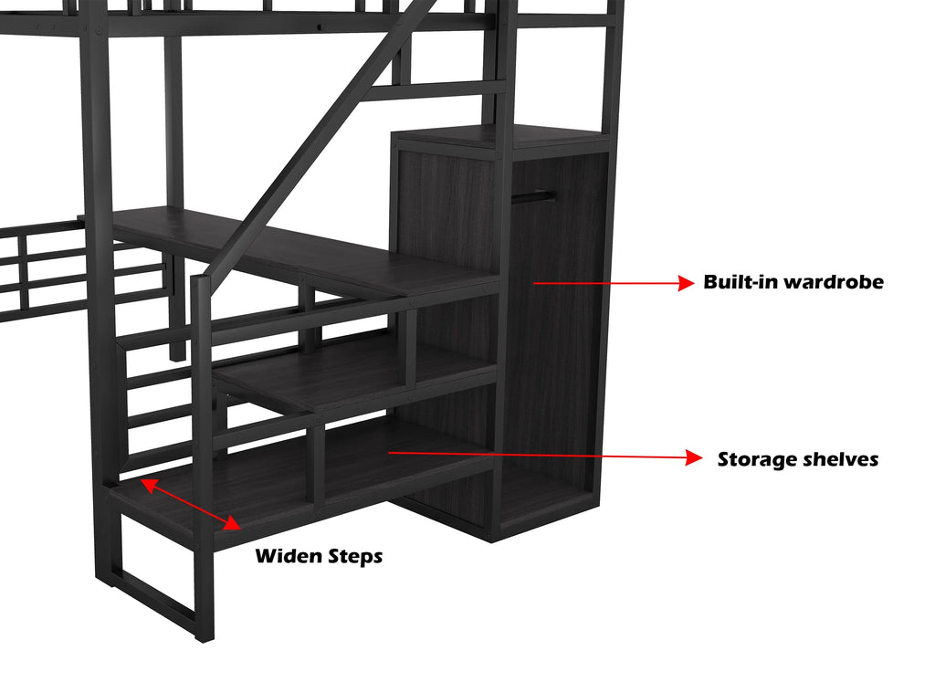 Full Size Black Metal Loft Bed with Storage Staircase and Desk V32560