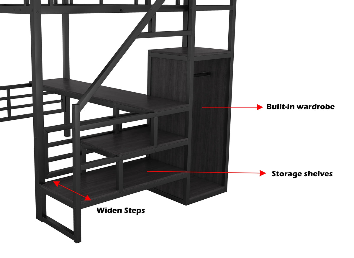 Full Size Black Metal Loft Bed with Storage Staircase and Desk V32560