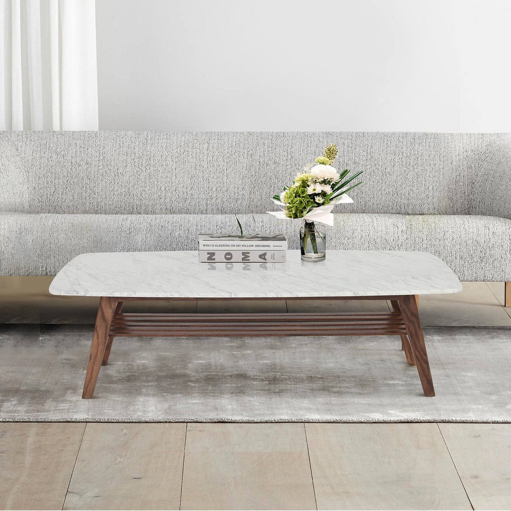 Italian Carrara White Marble Coffee Table with Oak Shelf W158093