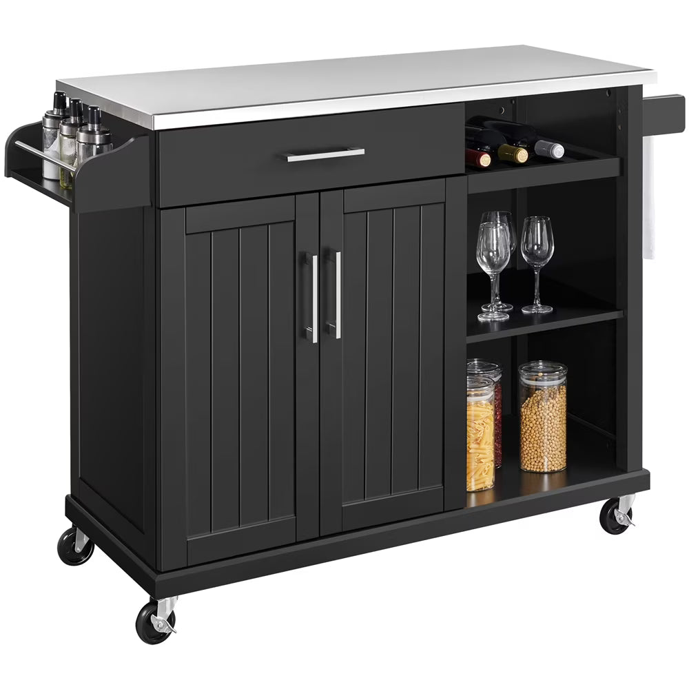 Black Kitchen Island Cart on Wheels with Stainless Steel Top and Open Shelves F367