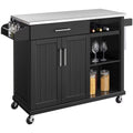 Black Kitchen Island Cart on Wheels with Stainless Steel Top and Open Shelves F367
