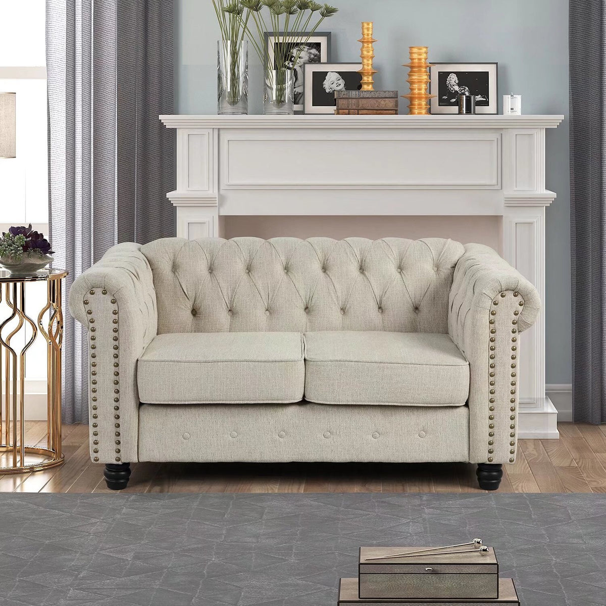 Tufted Upholstered Chesterfield Loveseat and Sofa 2 PCS Fabric Linen Beige M449953