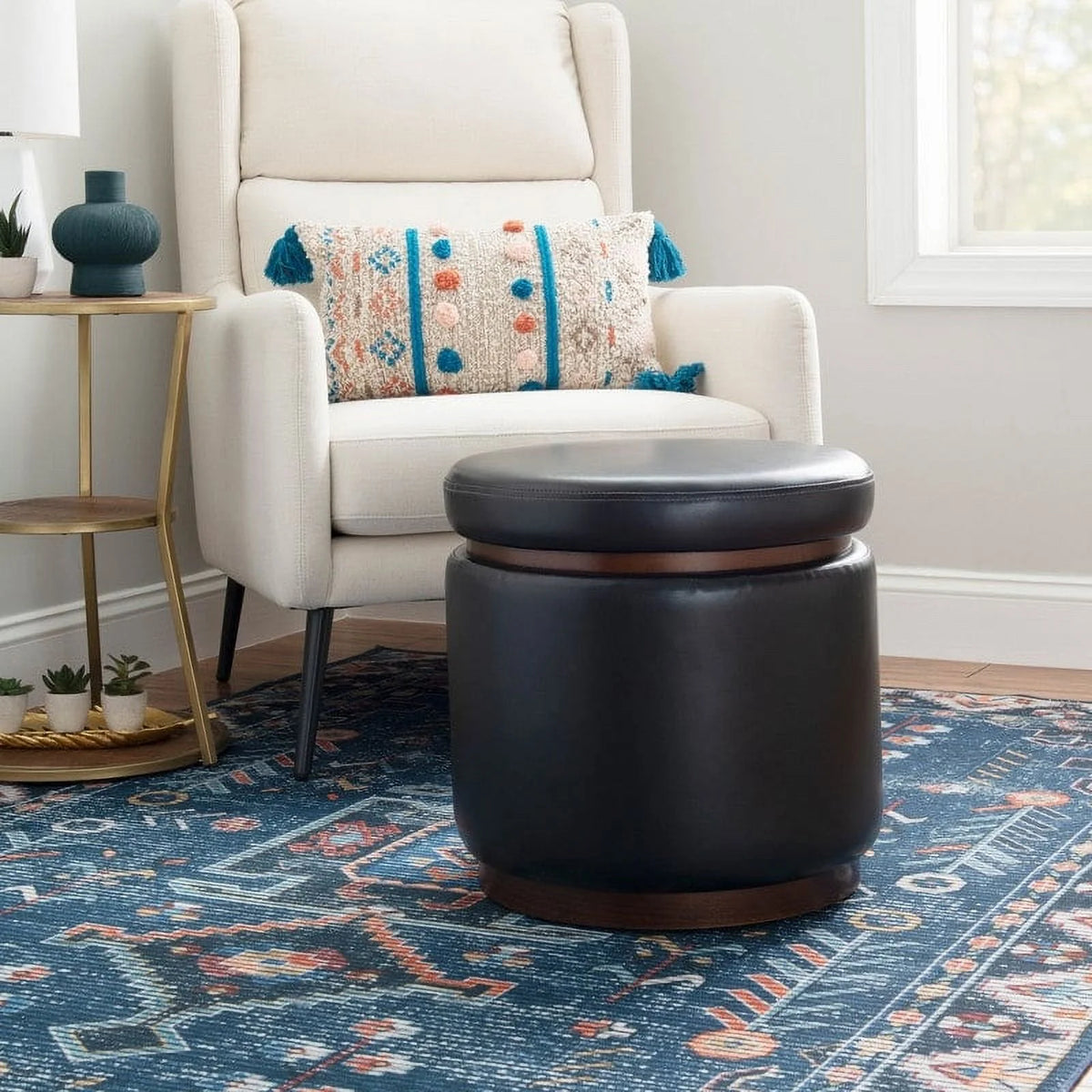 Faux Leather Round Storage Ottoman H41203