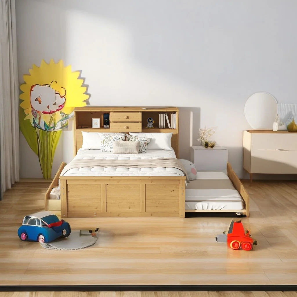 Full Size Wood Platform Bed with Trundle and 3 Drawers A99244