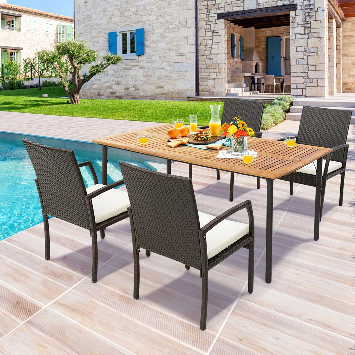Rectangular Acacia Wood Patio Dining Table with Umbrella Hole M781