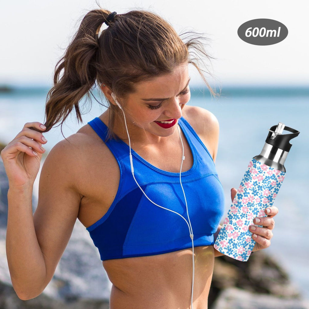 Pink and Blue Floral Insulated Stainless Steel Water Bottle with Straw Lid 20 oz D5162