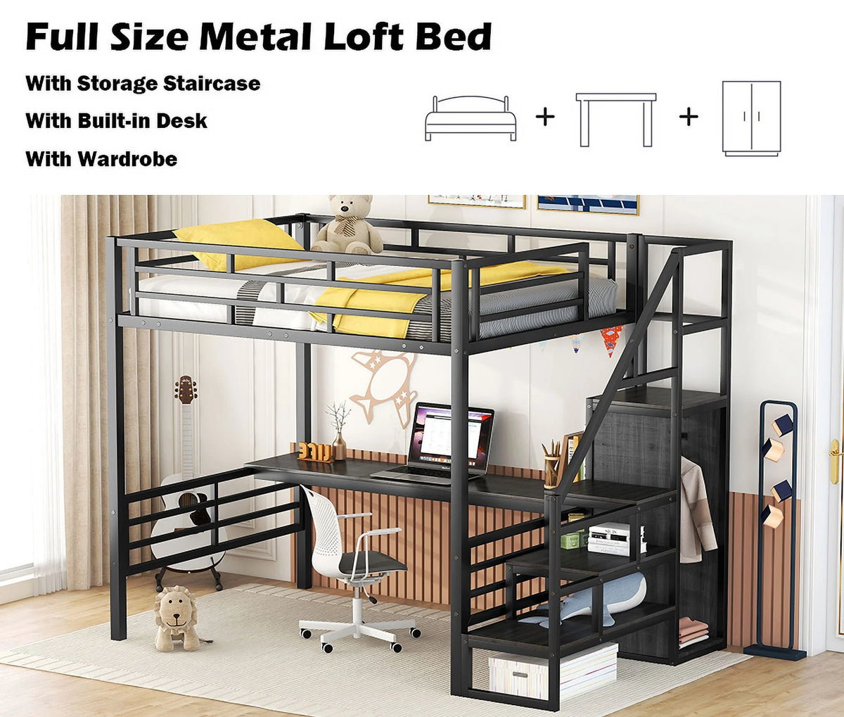 Full Size Black Metal Loft Bed with Storage Staircase and Desk V32560