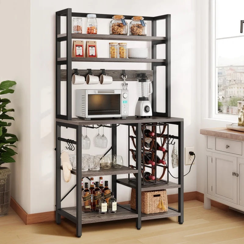 5 Tier Kitchen Bakers Rack with Power Outlet and Wine Rack H159