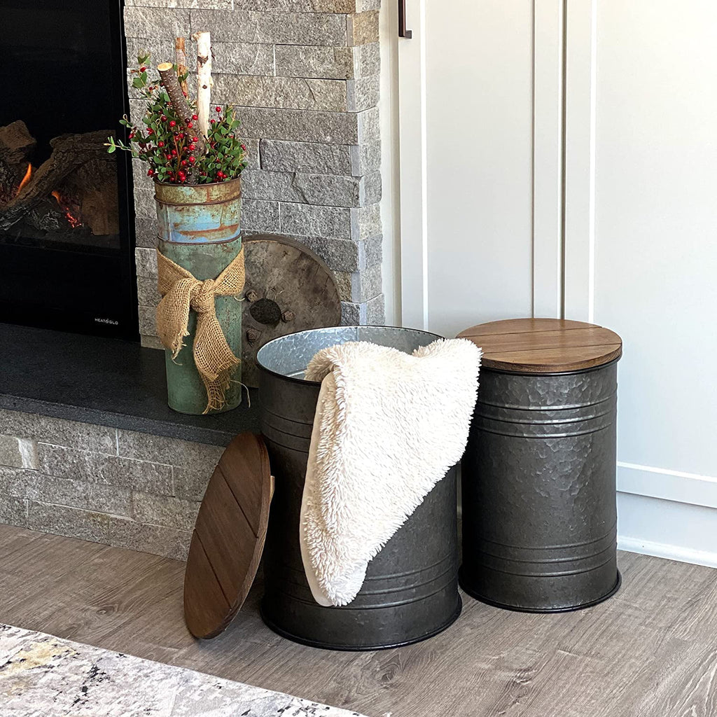 2pk Galvanized Metal Barrel Side Table Ottoman Set J447