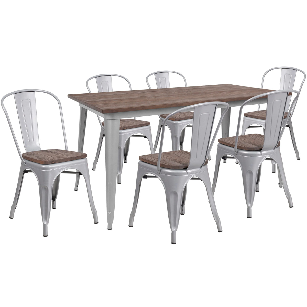 Metal Table Set with Wood Top and 6 Stack Chairs Black I980