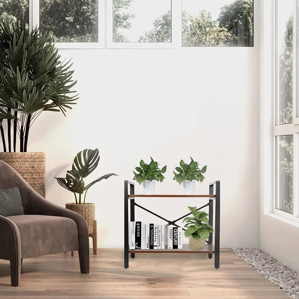 2-Tier Ash Grey Wood Bookshelf with Metal Frame O361983