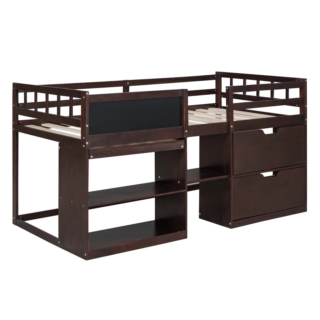 Twin Size Solid Wood Loft Bed with Drawers Shelves and Ladder M6609