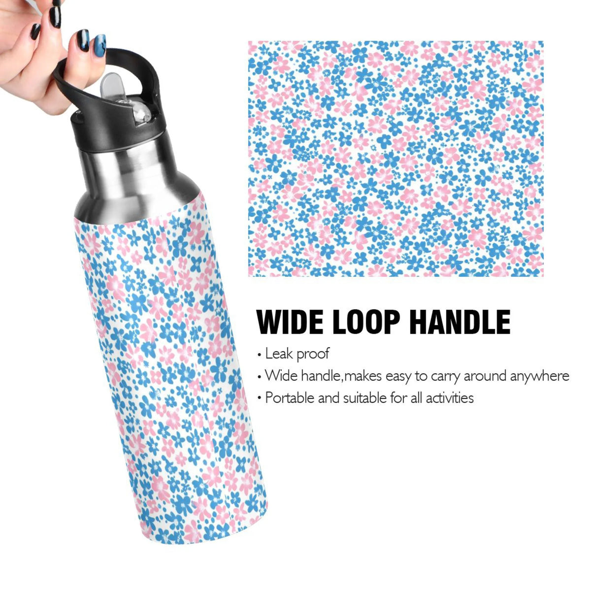 Pink and Blue Floral Insulated Stainless Steel Water Bottle with Straw Lid 20 oz D5162