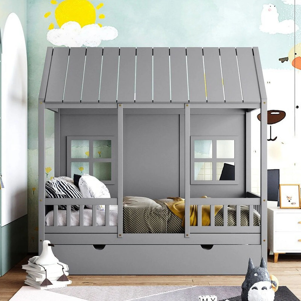 Full Size Solid Wood Log Cabin Bed with Casters D584016